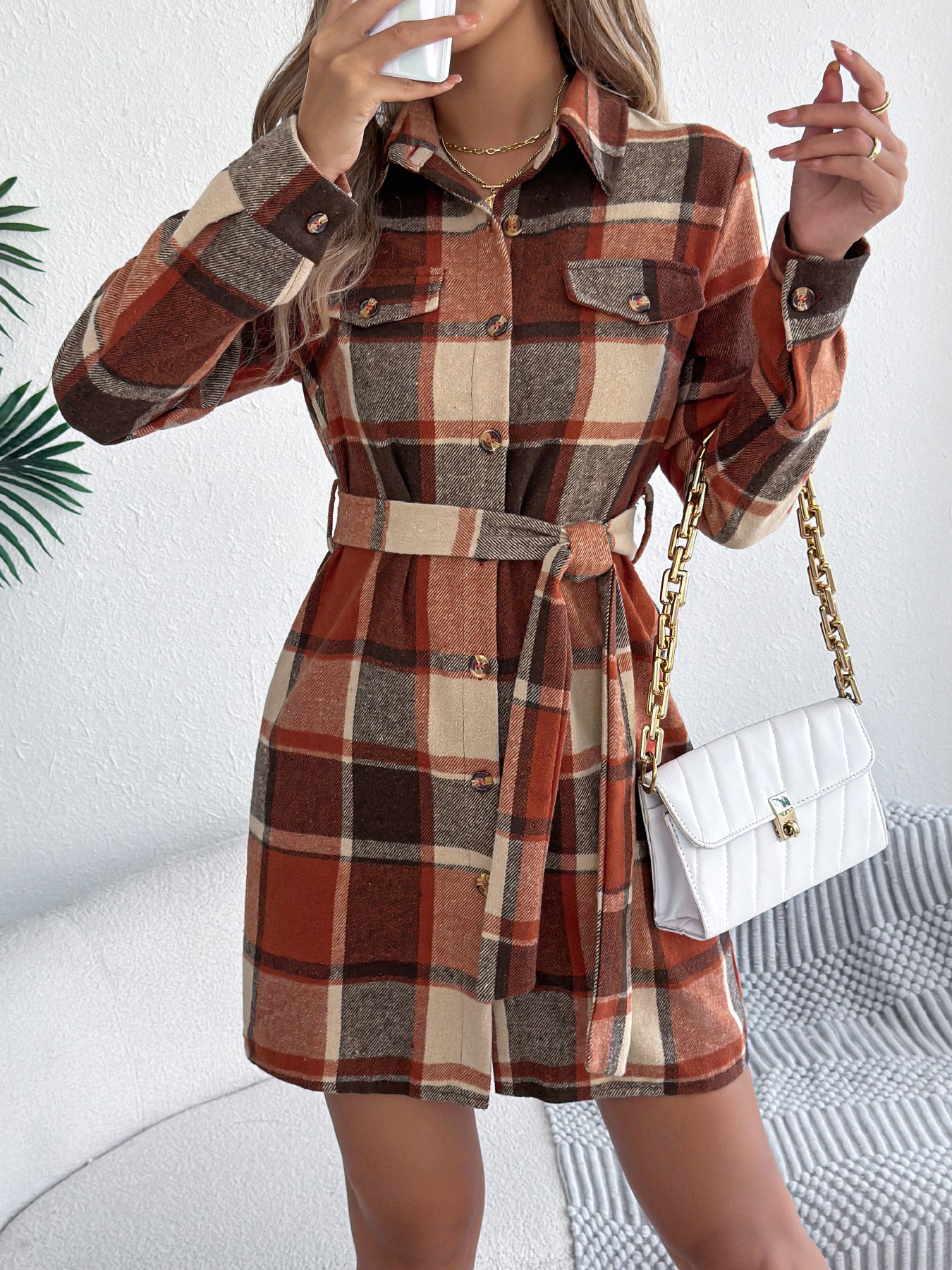 Women's Casual Color-Blocked Plaid Fake Pocket Long Sleeve Tie-Waist Tweed Shirt Dress