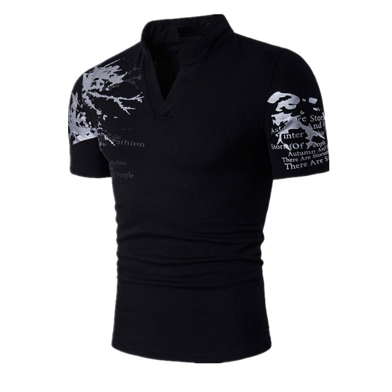 Letter Printing Casual T-shirt Thin Hedging V-neck T-shirt Slim Men's