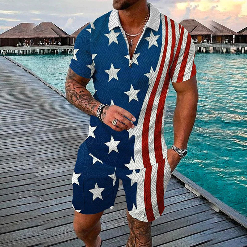Men's Fashion Flag Print Lapel Zipper Two-Piece Suit