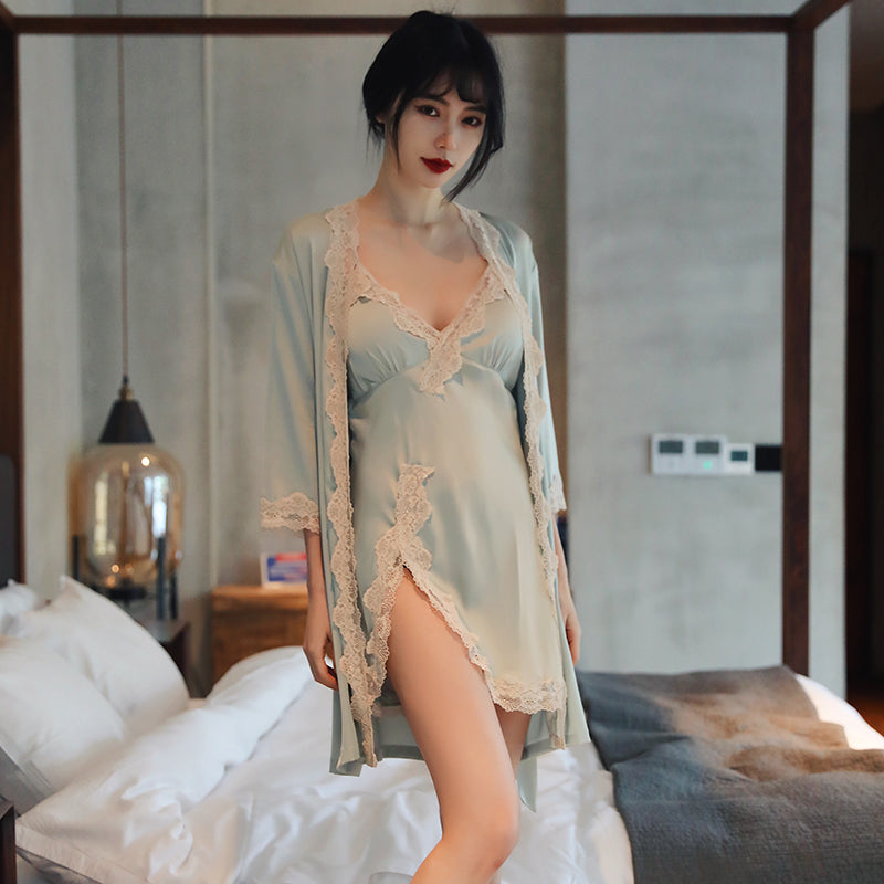 Women's Summer Long-sleeved Nightgown Suspender Chest Pad Nightdress Two-piece Set