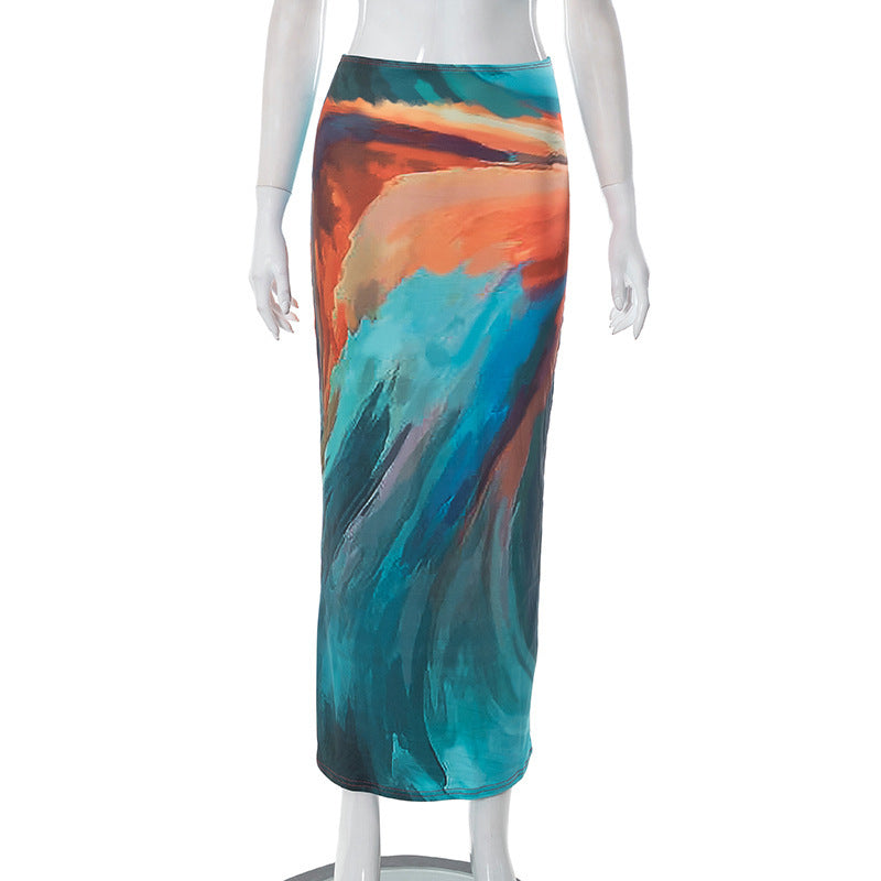 Casual Painted Print Cropped Sheath Skirt