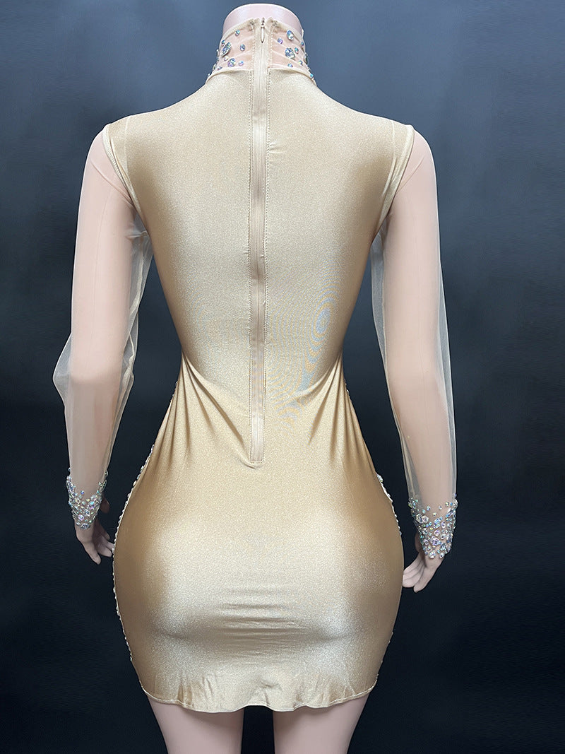 Perspective Gauze Collar Zipper Style Slim Short Dress