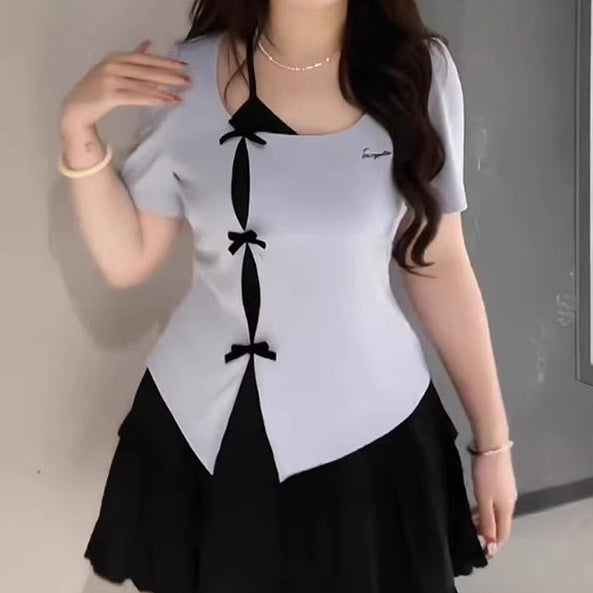 Bow Irregular Short Sleeve Plus Size Fake Two Pieces Fashionable T-shirt