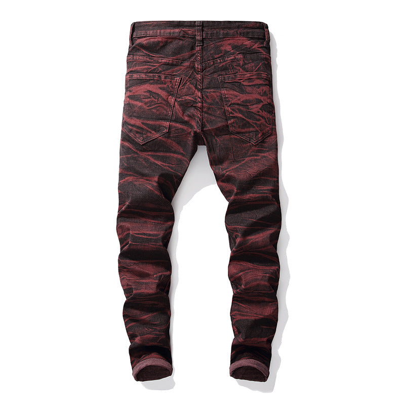 Spring New Men's Straight Jeans European And American Fashion Knee Ripped Tie-dyed Long Pants
