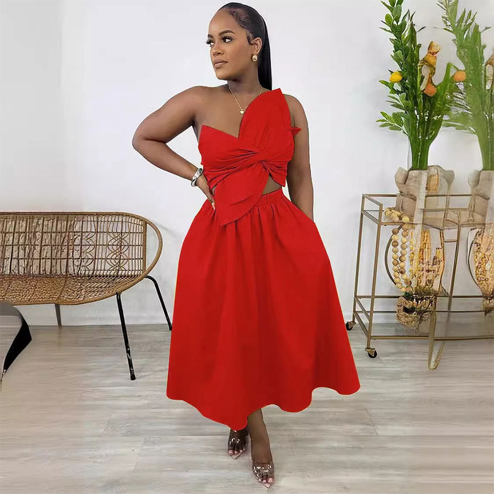 Smocking One Shoulder Petal Hollow Out Dress