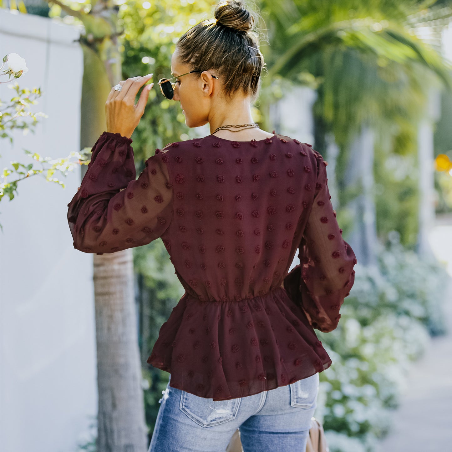 European And American Women's Summer V-neck Long-sleeved Chiffon Shirt