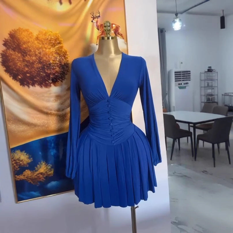French-style Womens Pleated V-neck Long-sleeve Dress