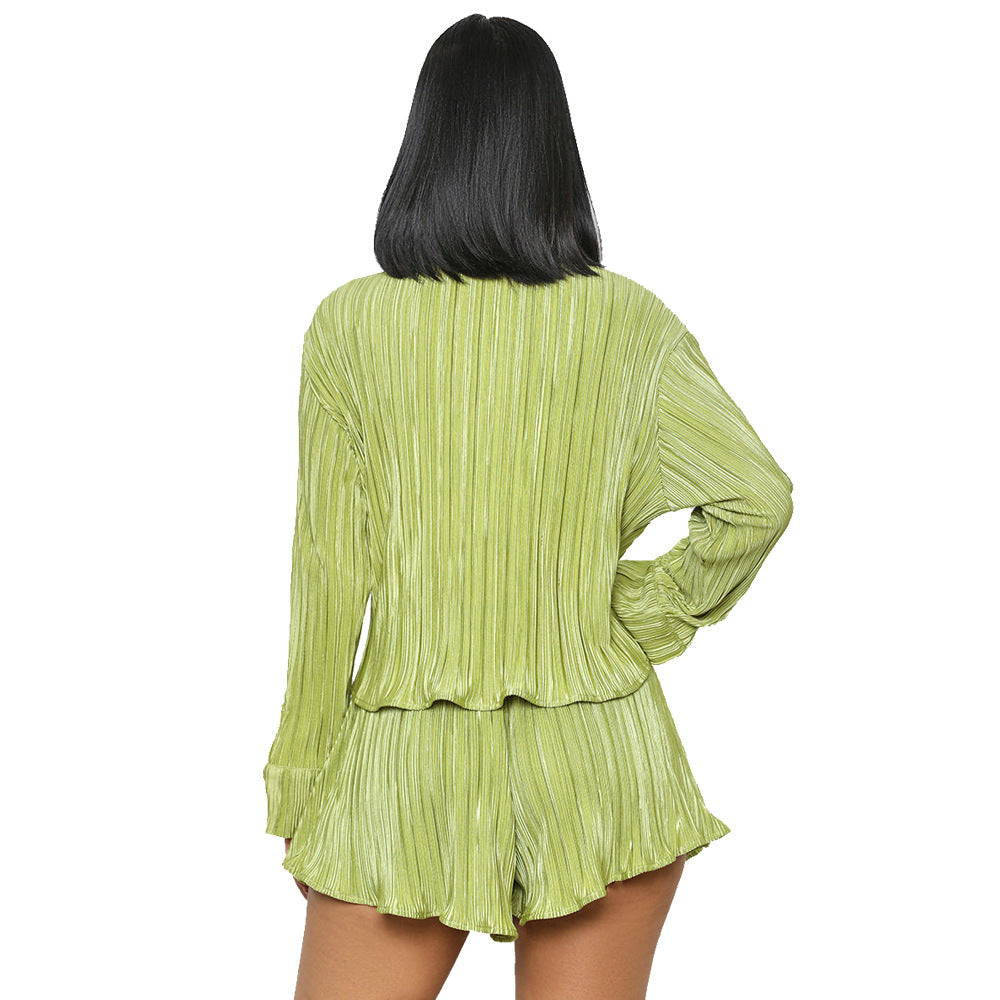 Two Piece Outfits For Women Vacation Pleated Button Down Shirt Shorts Sexy 2 Piece Set Casual Y2K  Shirt