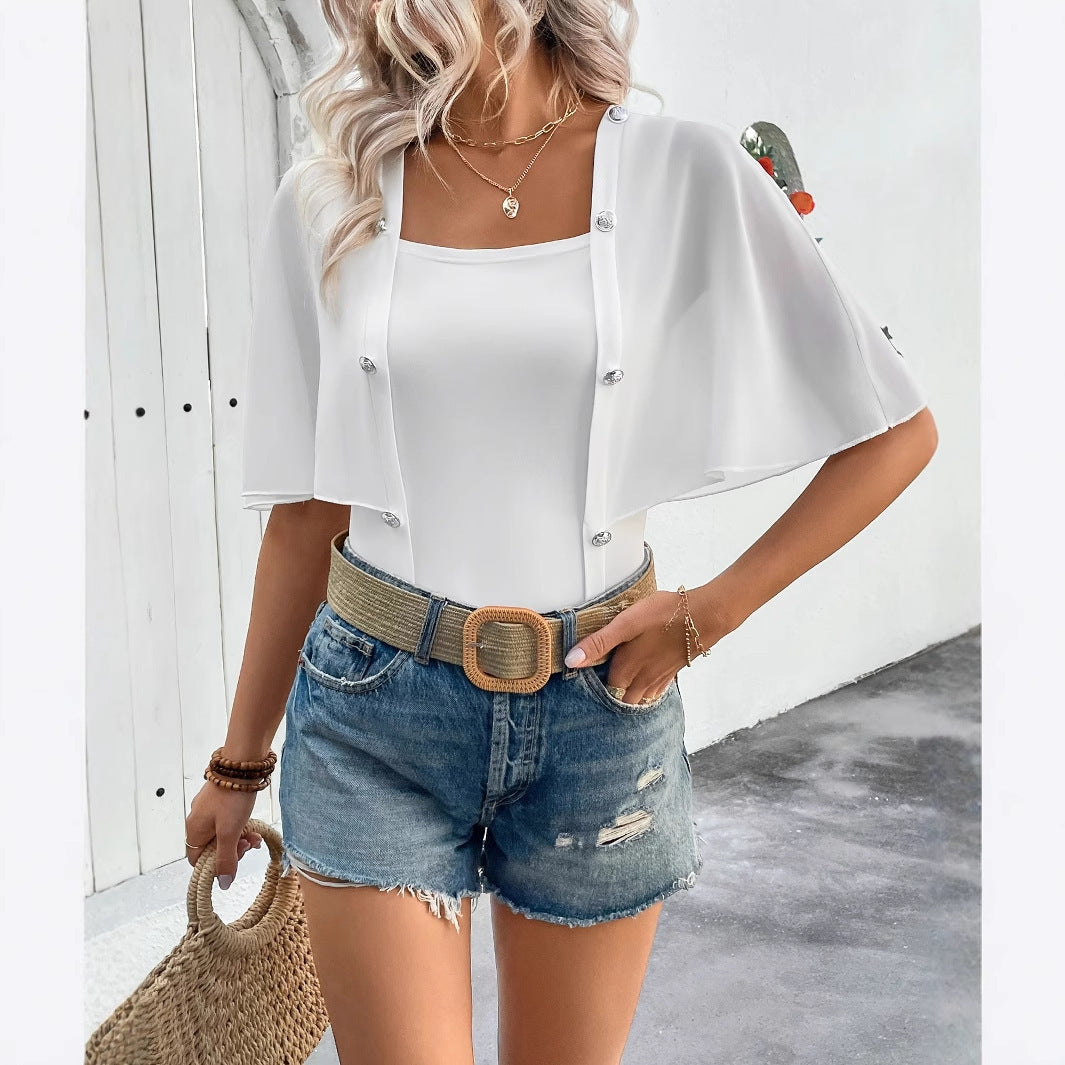 Elegant Solid Color Button Decoration Mesh Splicing Women's Casual Top