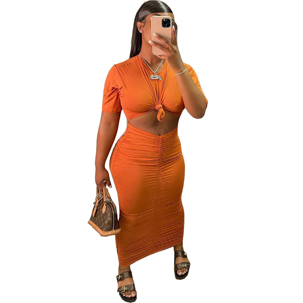 Fashion Solid Color Pleating Short Sleeve Dress Suit