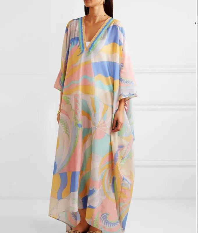 Summer New Style Loose Print V-Neck Long Skirt Holiday Style Dress