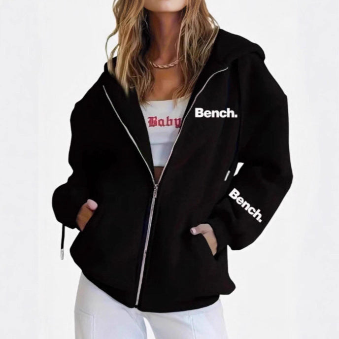 Letter Print Fashion Casual Zipper Sweater Coat