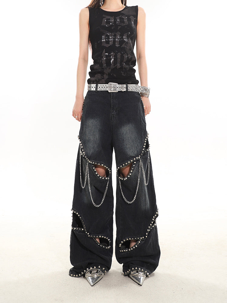 Heavy Industry Metal Rivet Chain Hollow-out Design Jeans