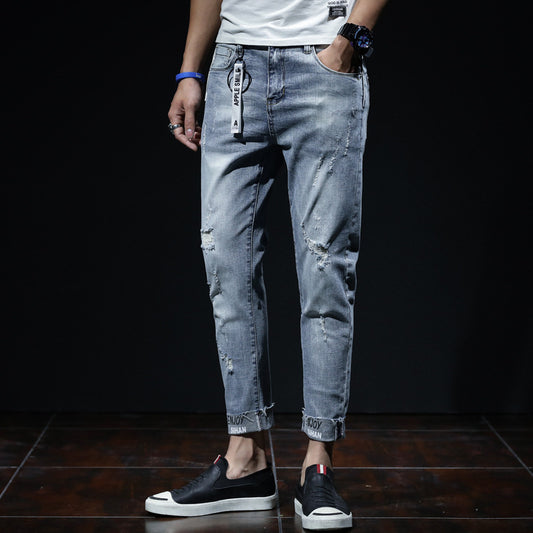 Spring And Summer Ripped Jeans Elastic Small Leg Straight Leg Pants Youth