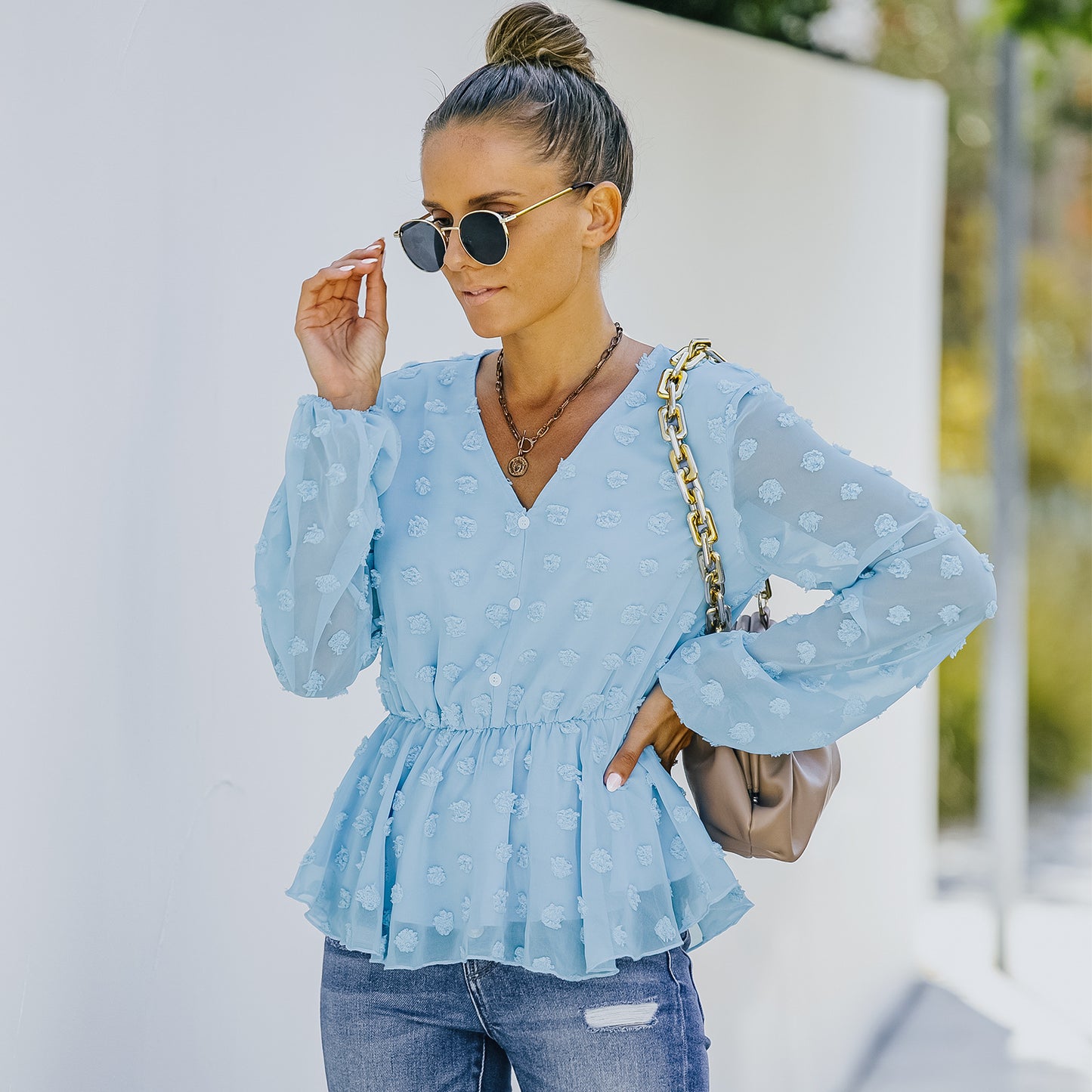 European And American Women's Summer V-neck Long-sleeved Chiffon Shirt