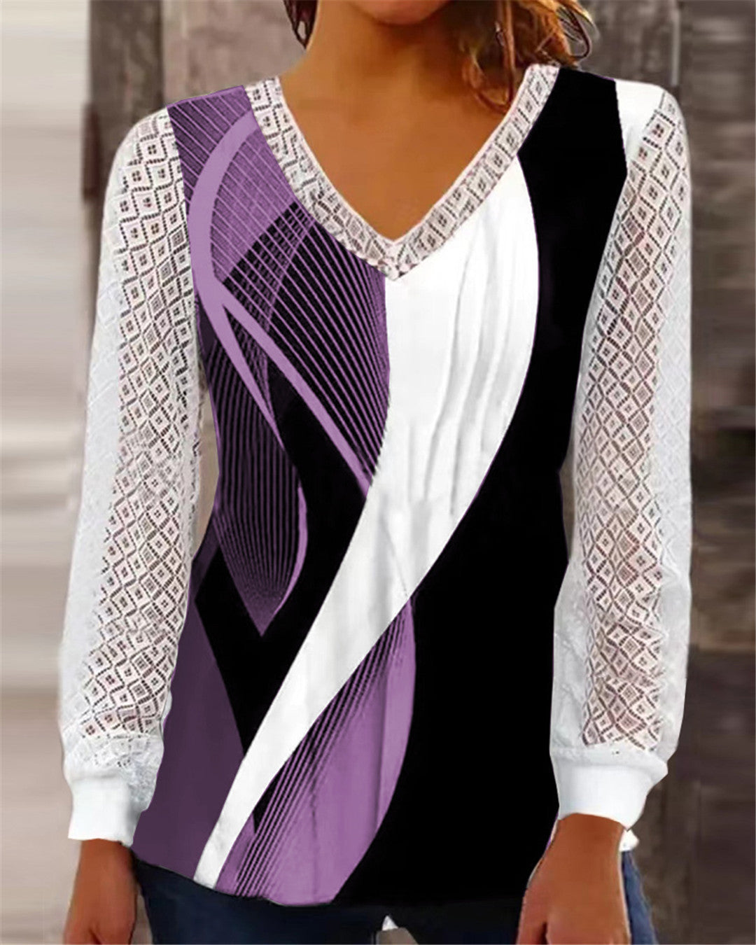 V-neck Loose Print Hollow-out Lace Tops