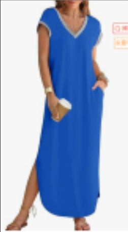 Women's  Summer Short Sleeve Maxi Dress V Neck Split Loose Casual Beach Long Dresses