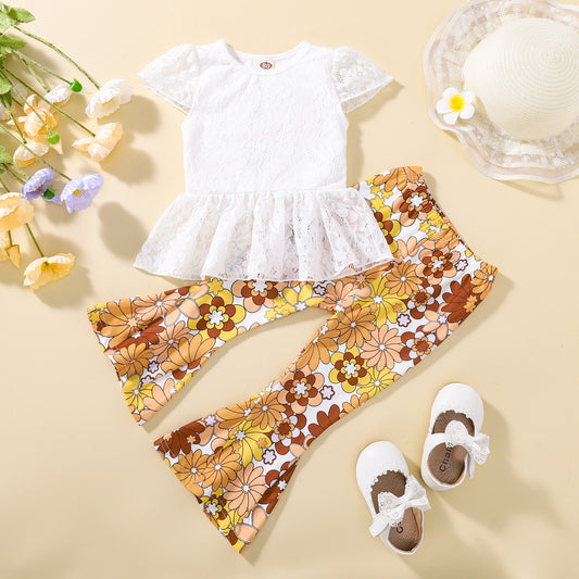 European And American Foreign Trade Young And Little Girls Lace Short-sleeved Top Bell-bottom Pants Kids Clothes Two-piece Suit One Piece Dropshipping