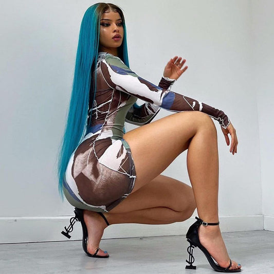 Spring Women's Printed Round Neck Slim Fit Long Sleeve Hip Dress Short Skirt