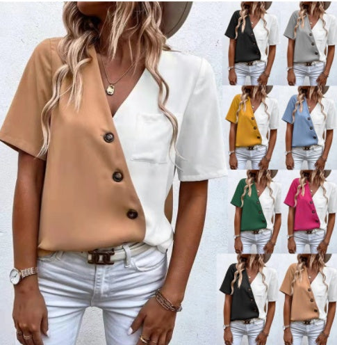 Women's Chiffon Fashion Contrast Short Sleeve Shirt Top