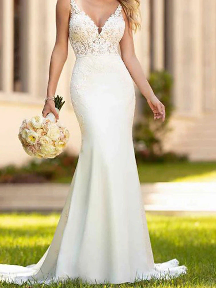 European And American Double Shoulder Lace Slim And Simple Trailing Long Skirt