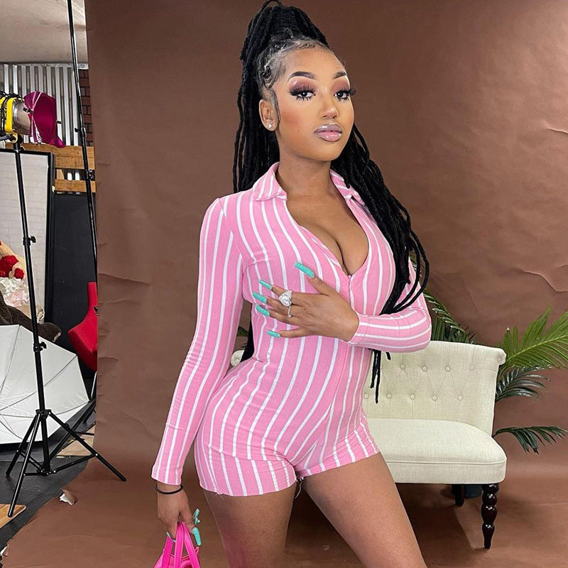 Lapel Zipper Slim Vertical Stripes Women's One-piece Shorts