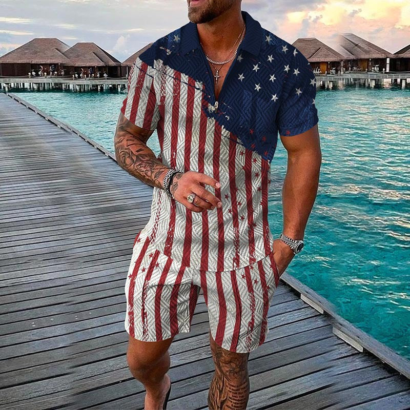 Men's Fashion Flag Print Lapel Zipper Two-Piece Suit