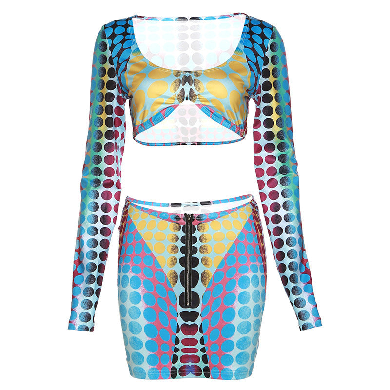 Women's Low Collar Digital Printing Long Sleeve Slim Casual Skirt Outfit