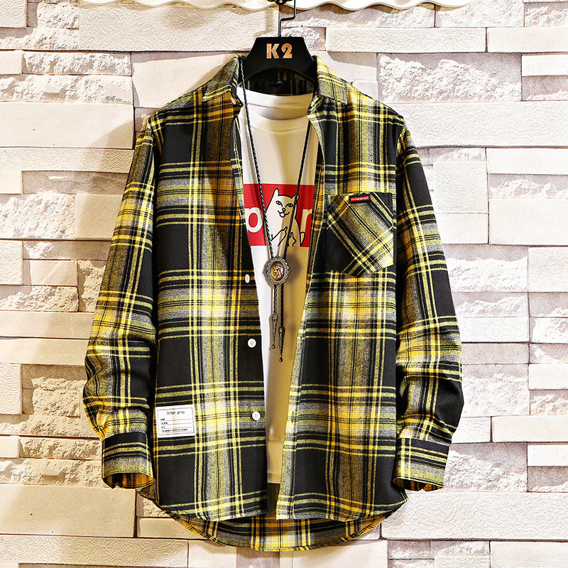 Men's Loose Plaid Long-sleeved Shirt Casual Shirt