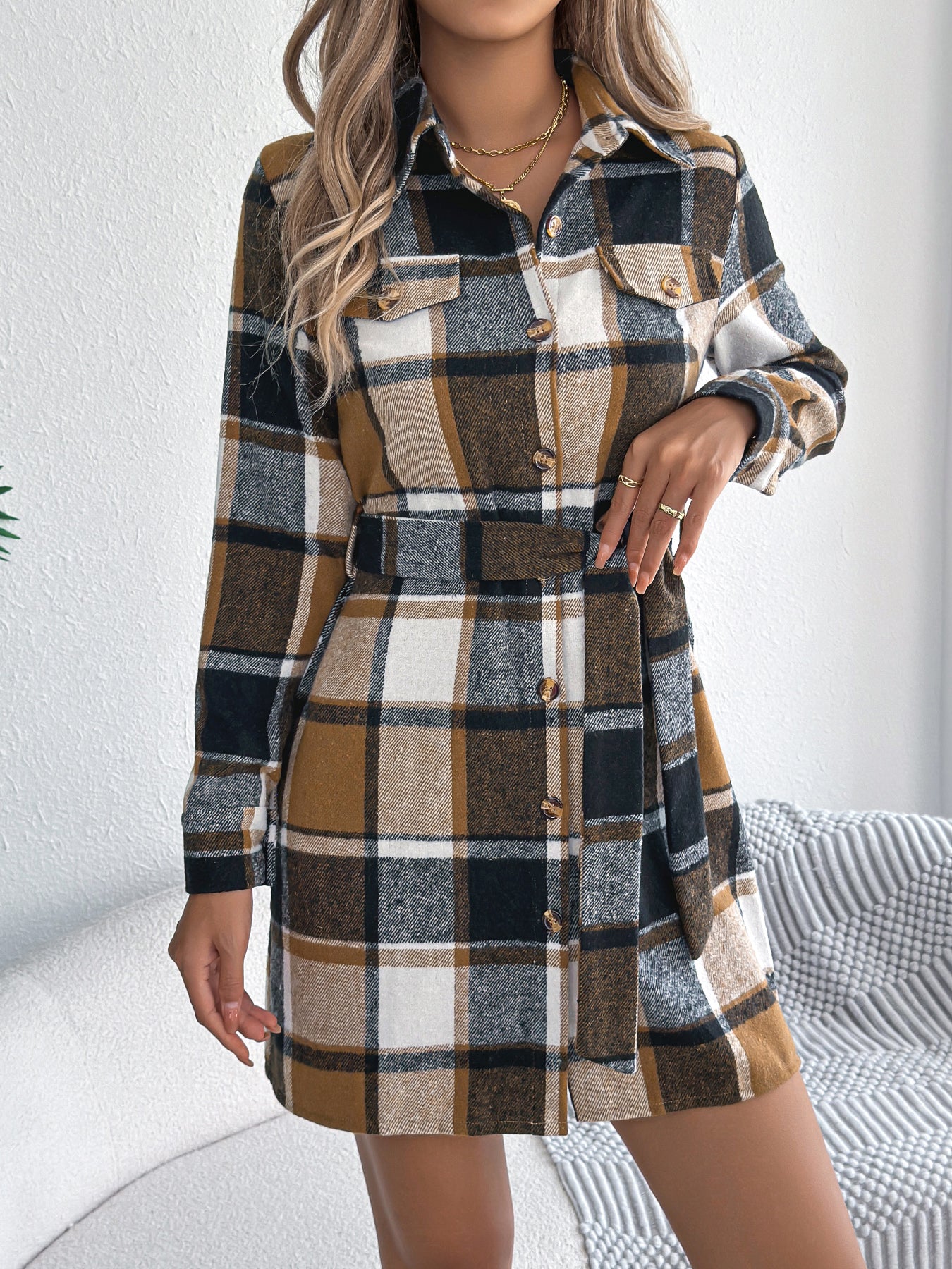Women's Casual Color-Blocked Plaid Fake Pocket Long Sleeve Tie-Waist Tweed Shirt Dress