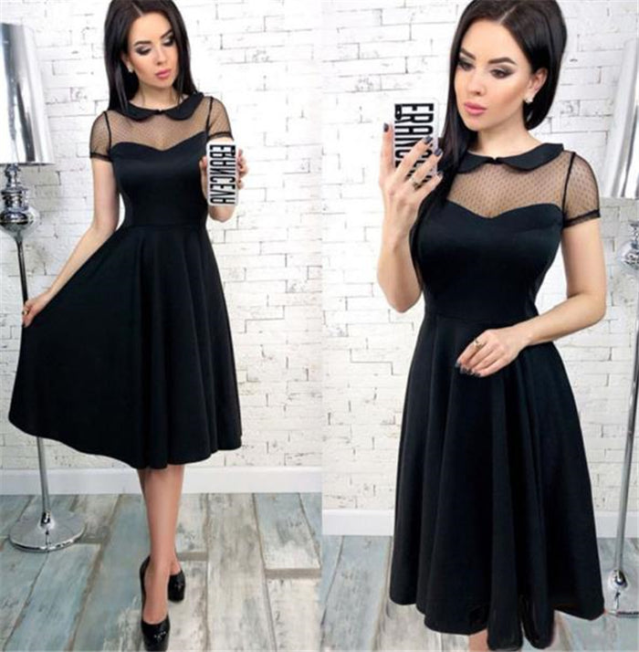 Women Sexy Mesh Short Sleeve Slim Female Lacing Splice Solid Knee-Length Summer Dress