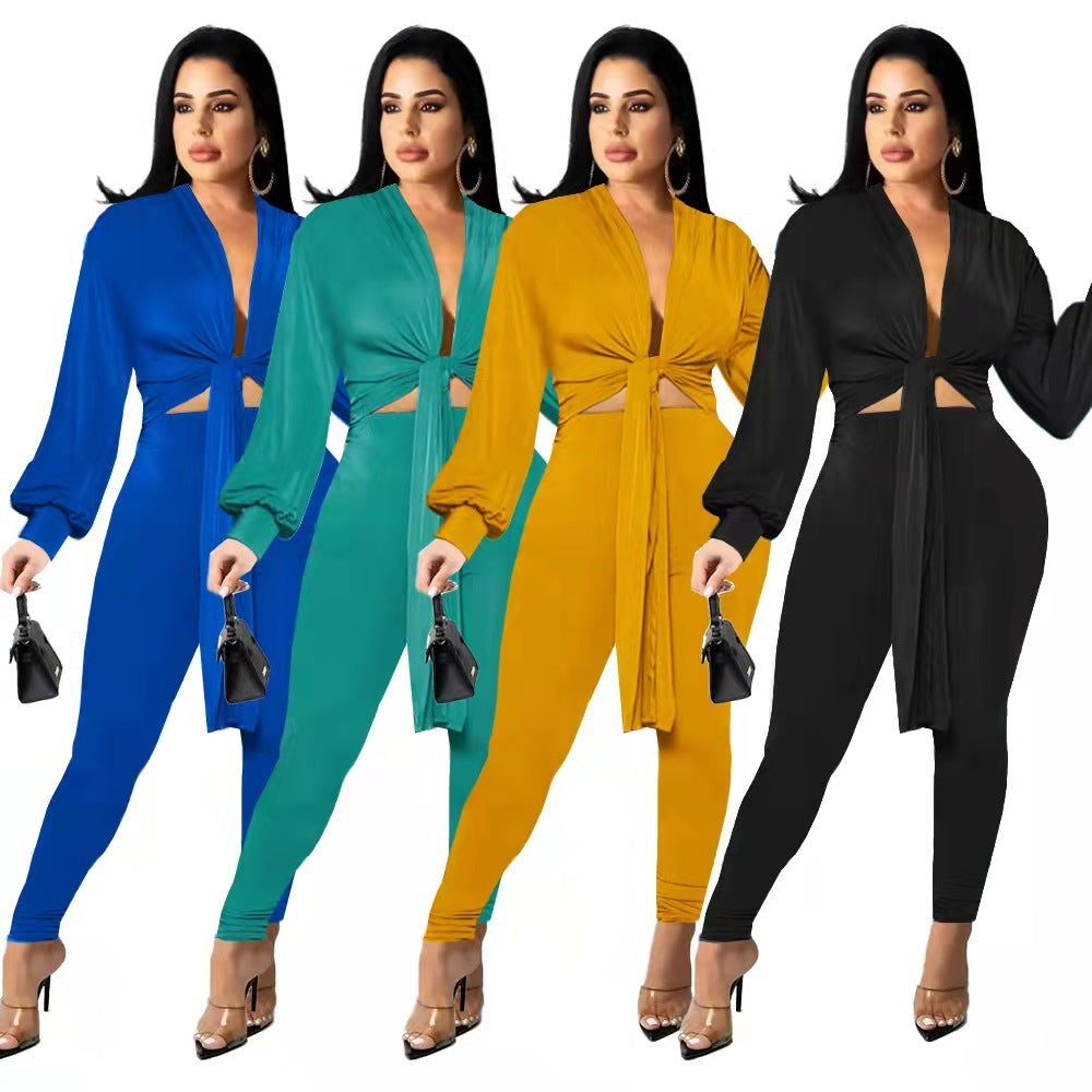 New Solid Color Tie Long Sleeve Women's Two-piece Set