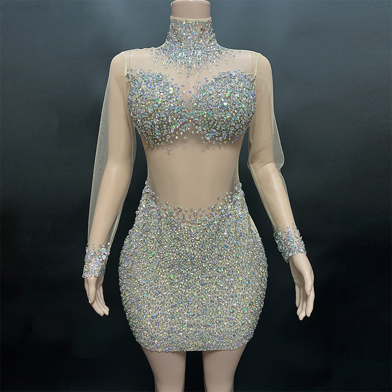 Perspective Gauze Collar Zipper Style Slim Short Dress