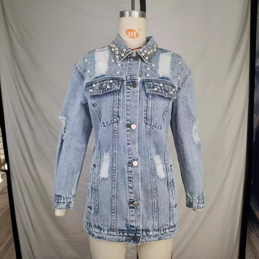 Fashion Solid Color Ripped Mid-length Denim Jacket