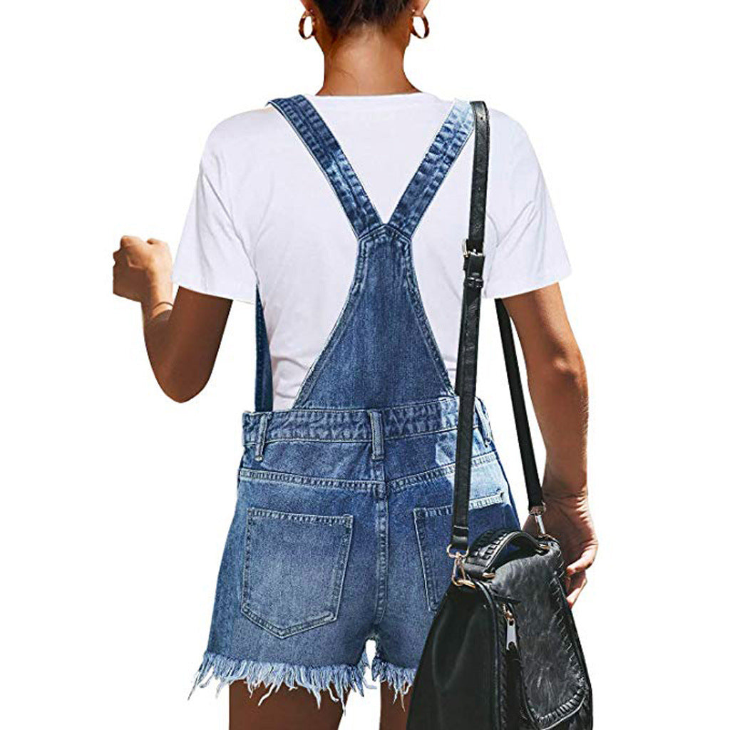European And American Ripped Suspender Denim Hole Jumpsuit