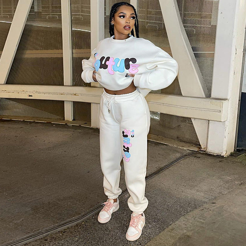 Women's Casual English Alphabet Letters Printed Sweatshirt And Sweatpants Suit