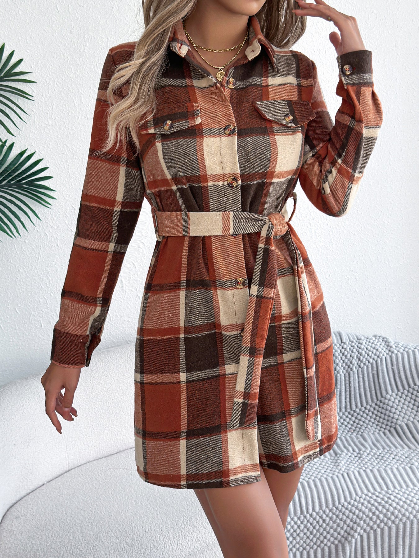 Women's Casual Color-Blocked Plaid Fake Pocket Long Sleeve Tie-Waist Tweed Shirt Dress