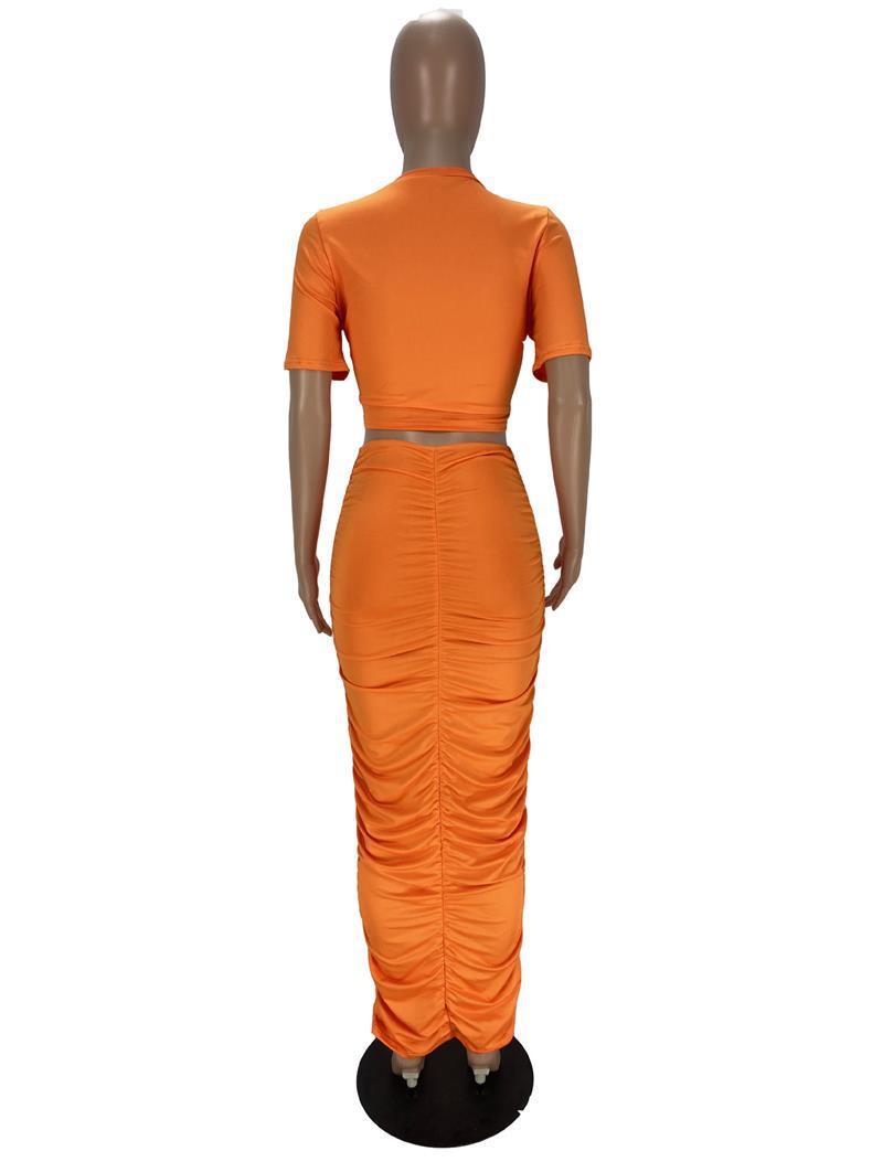 Fashion Solid Color Pleating Short Sleeve Dress Suit