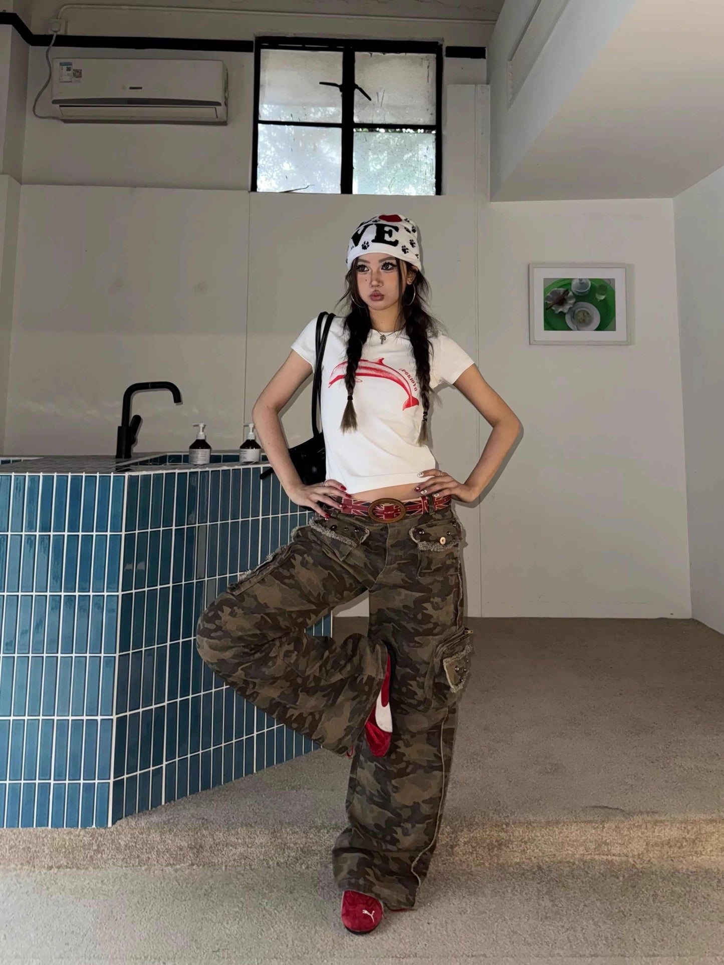 Dolphin Printing Shoulder Short-sleeved T-shirt Slim Fit Skinny Top