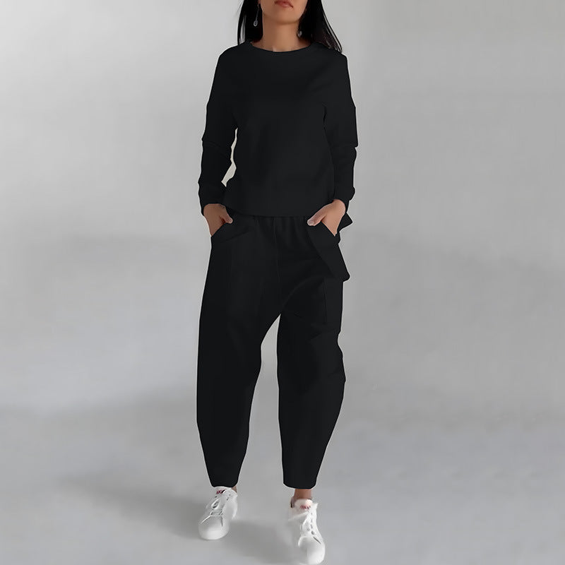Fashion Sweatshirt Long Sleeve Back Slit Top With Pockets Loose Trousers Women's Clothing