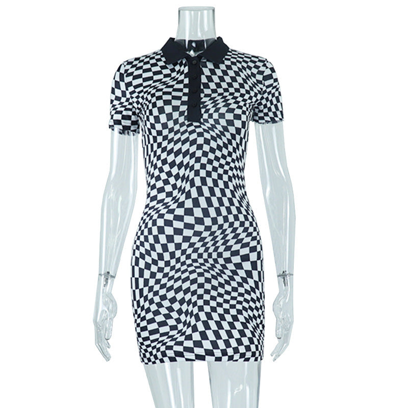 Polo Neck Black And White Plaid Print Contrast Hip Wrap Dress