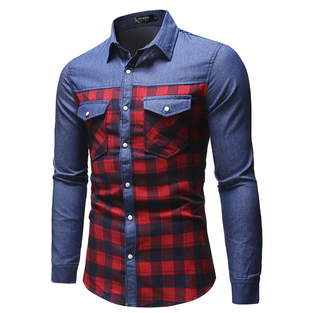 Denim Men's Fashion Classic Stitching Plaid Lapel Slim-fit Long-sleeved Shirt