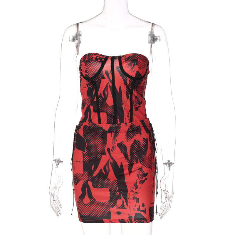 Sleeveless Short Top Skinny Sheath Drawstring High Waist Skirt