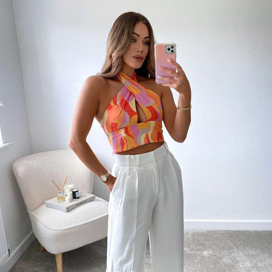 Printed Slim And Slim Backless Cross Halter Vest