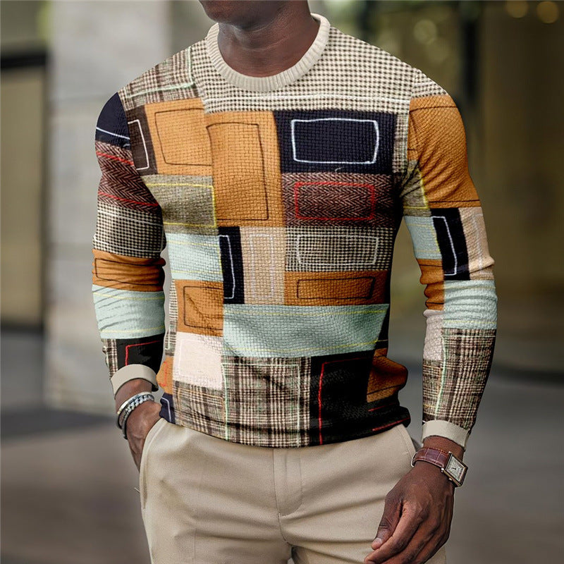 Men's Diamond Plaid Printed Long-sleeved Shirt Thin Sweater