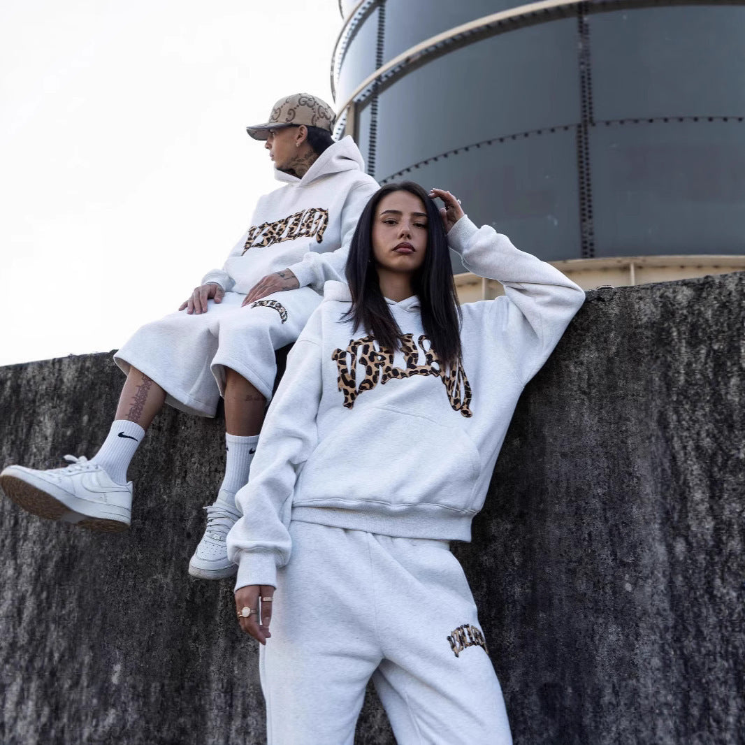 Leopard Print Letter Embroidery Street Casual Trousers Men And Women All-match Hoodie