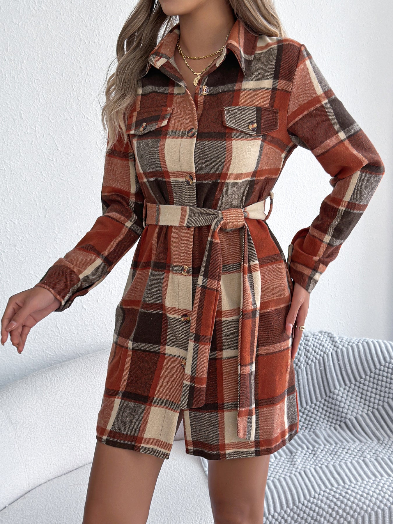 Women's Casual Color-Blocked Plaid Fake Pocket Long Sleeve Tie-Waist Tweed Shirt Dress