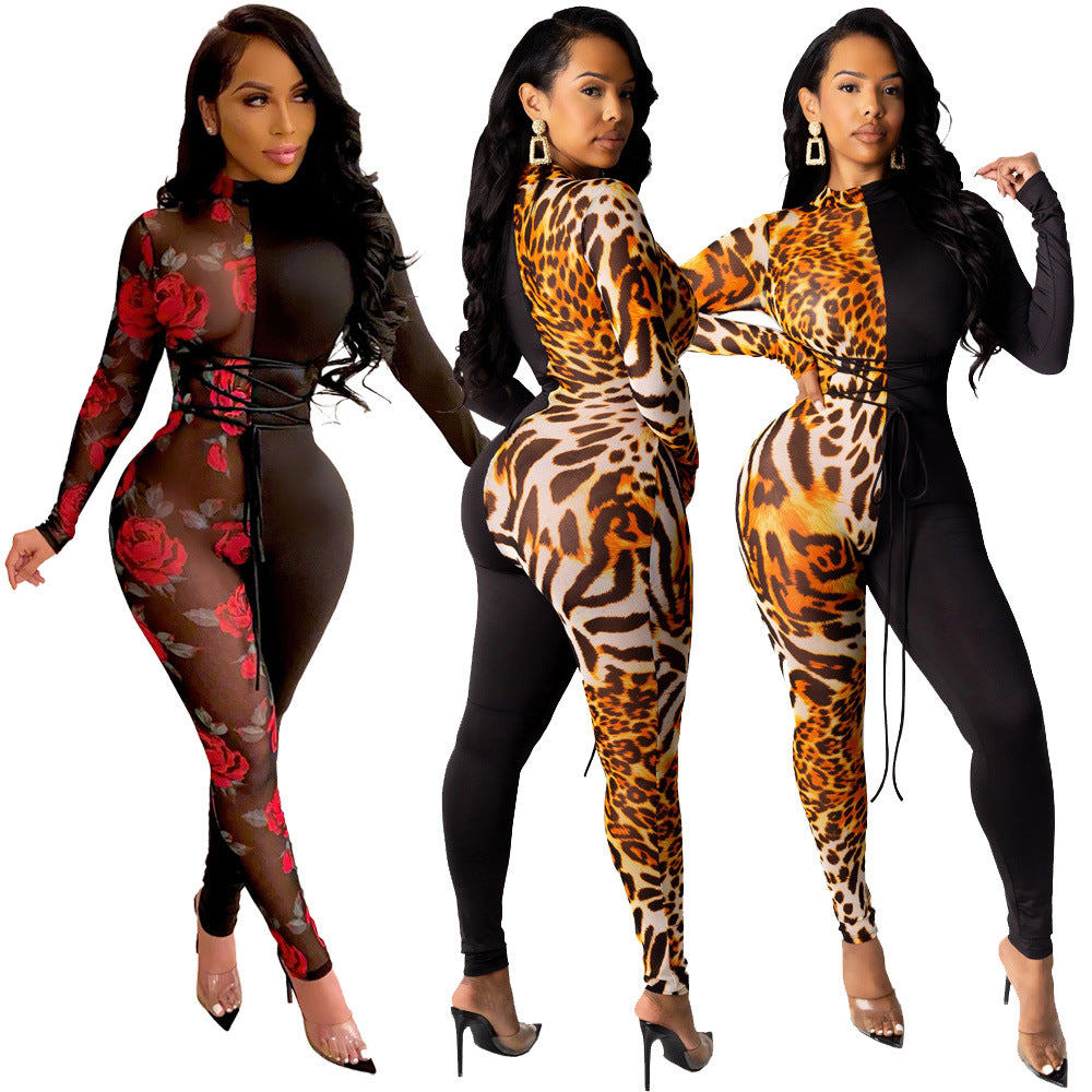 Round Neck One Piece Sexy Slim Fit Long Sleeved Stitching Printed Jumpsuit