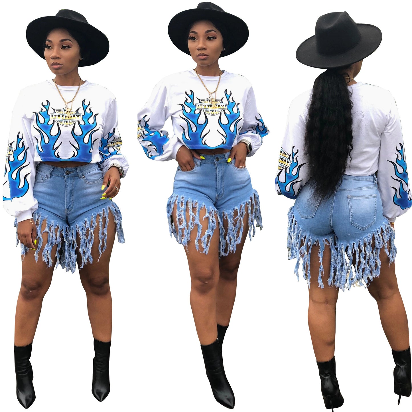 Women's Flame Positioning Printed Long-sleeved Sweater