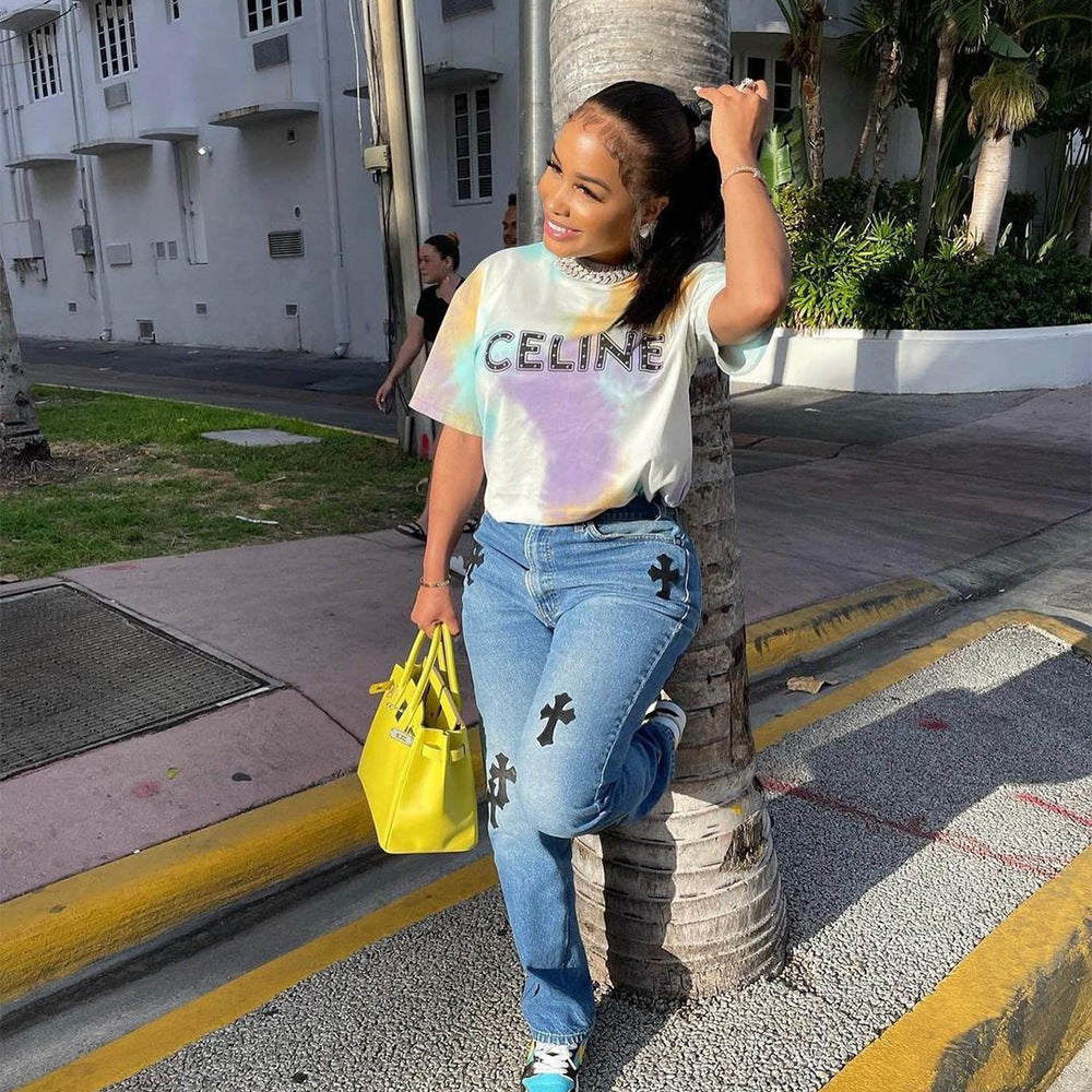 Low Waist Denim Embroidered Hollow Personality Stretch Power Tight Pants